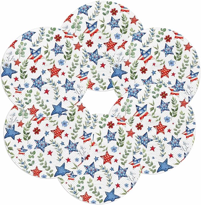4th of July Round Placemats Set of 6 Patriotic Star Floral Place Mats Independence Day Woven Placemat Green Eucalyptus Leaves Circle Braided Table Mat for Kitchen Dining Table Party Decor 15 Inch