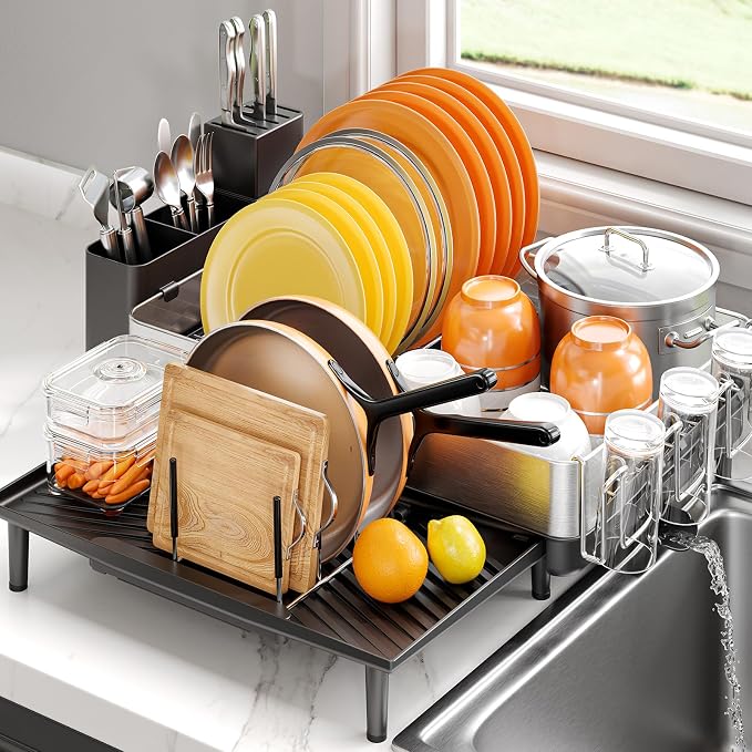 Urackify Large Dish Drying Rack, 304 Stainless Steel Dish Rack for Kitchen Counter, Expandable Dish Drainer with Cutlery Holder, Multifunctional Space Saving Organizer, Black