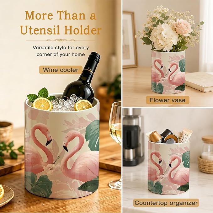 Pink Flamingos Kitchen Utensil Holder,Palm Leaf Hibiscus Large Ceramic Utensil Crock Organizer for Spatulas,Spoons and Cooking Tools,Kitchen,Home Decoration 6.3"