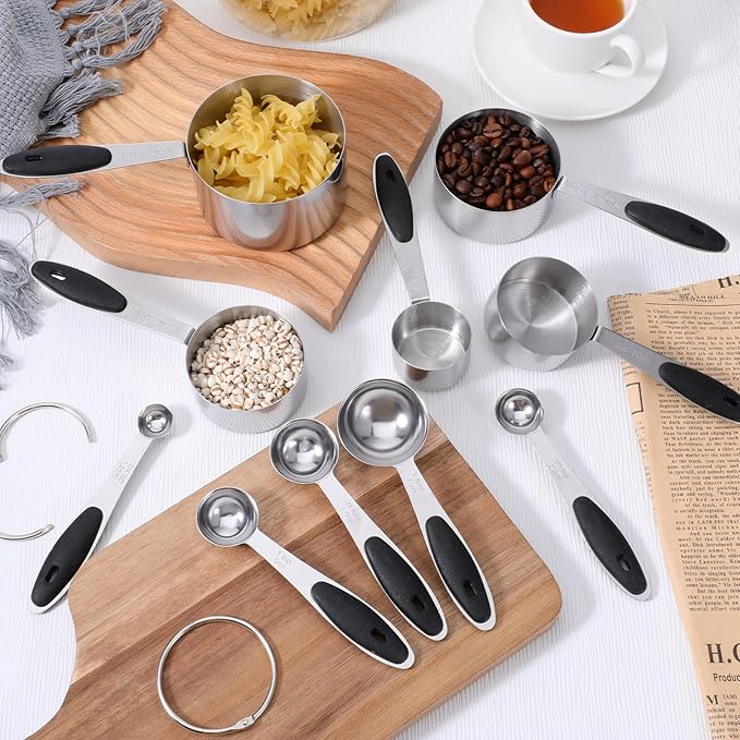 Stainless Steel Measuring Cups and Spoons Set of 10 Measuring Cups and Magnetic-Measuring Spoons Nesting Metal Measuring-Cups Set Soft Silicone Handles for Dry and Liquid Ingredients Cooking