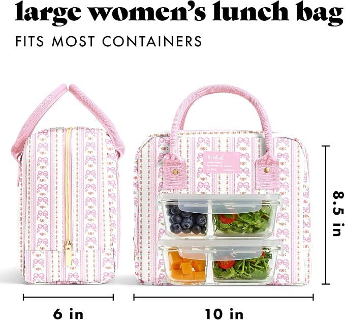 Fit & Fresh Bloomington Lunch Bag for Women - Insulated Large Lunch Box for Work with Containers, Leak-Resistant, Stain-Resistant, Zipper Closure, Pink Wallpaper Bows