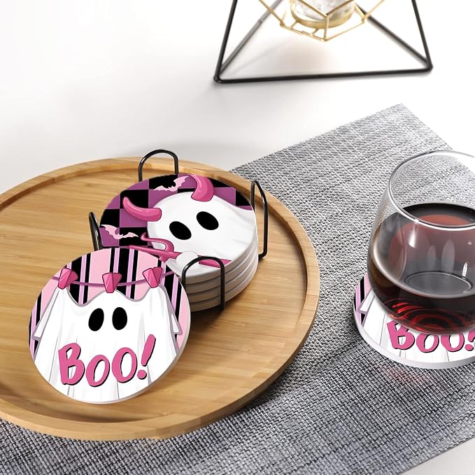 Drink Coasters for Drinks Set of 6, Pink and Black Cute Ghosts Absorbent Round Ceramic Stone Mat Coaster, with Cork Base and Metal Holder, Home Bar Decor House Warming Gift