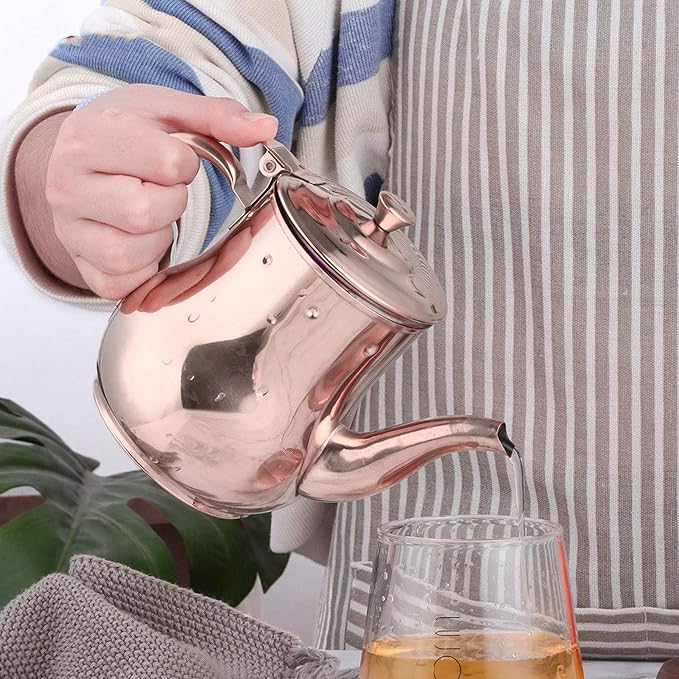 OUKENS Stainless Steel Teapot, 500ml Rose Gold Modern Gooseneck Tea Kettle for Pour Over, Coffee Pot with Removable Infuser, for Loose Leaf Tea Brewing, Home Kitchen, Hotel