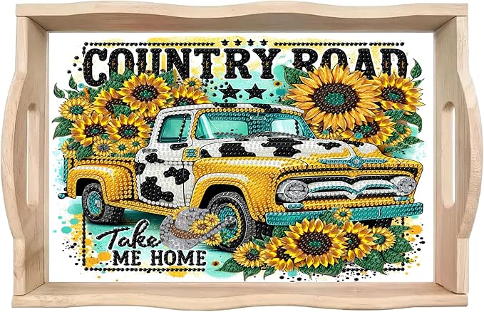 BAYUNOE DIY Diamond Serving Tray Rectangular Breakfast Tray with Handle Handmade Diamond Art Painting Wooden Tray Spring Creative Dinner Plate Coffee Room Living Home Organizer-Sunflower Car