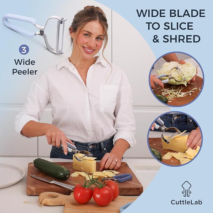 CuttleLab Vegetable Peeler Set – Serrated, Straight & Wide Blades- great apple peeler & potato peelers, Carrots, Zucchini, Cucumbers – Soft Grip Handle- Eye Remover – Dishwasher Safe (3, Farmhouse)