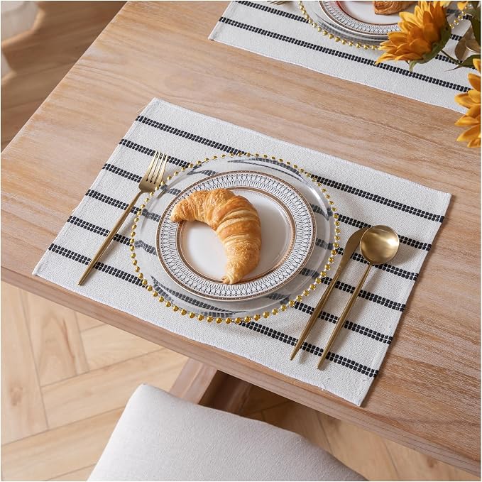 Caflife Boho Farmhouse Placemats Set of 6, Black Stripes Cotton Linen Woven Table Mats for Modern Dining Table, 13x19 Inch Rustic Kitchen Decor Place Mats