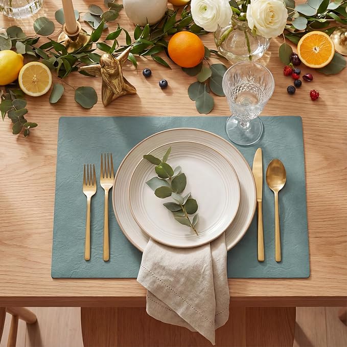 Artoid Mode Blue Faux Leather Placemats Set of 6, 12x18 Inch Waterproof Wipeable Heat Resistant Vinyl Place Mats, Reversible Table Mats for Winter Kitchen Dining Decor