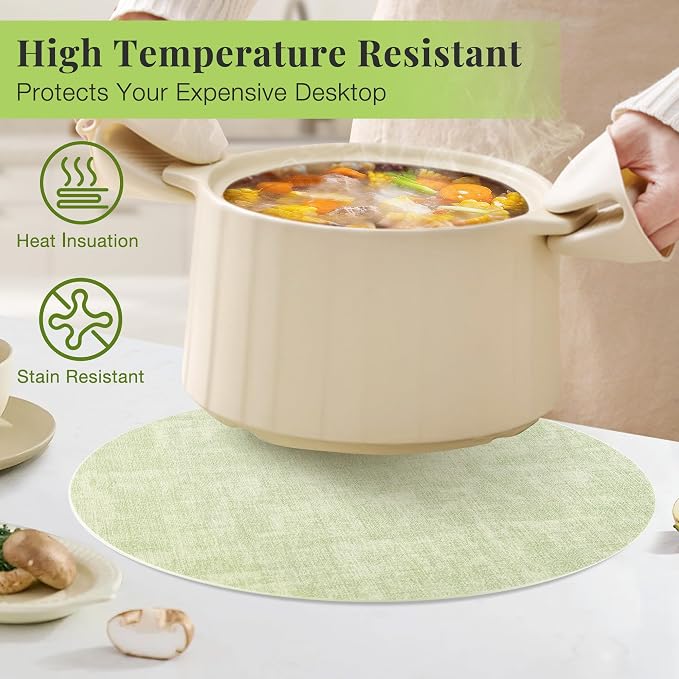 13-Inch Faux Leather Round Placemats Set of 6, Waterproof Anti-Slip Dual Sided Place mats, Heat Resistant Washable Table Mats with Coaster, Suitable for Indoor & Outdoor (6, Black Light Green)