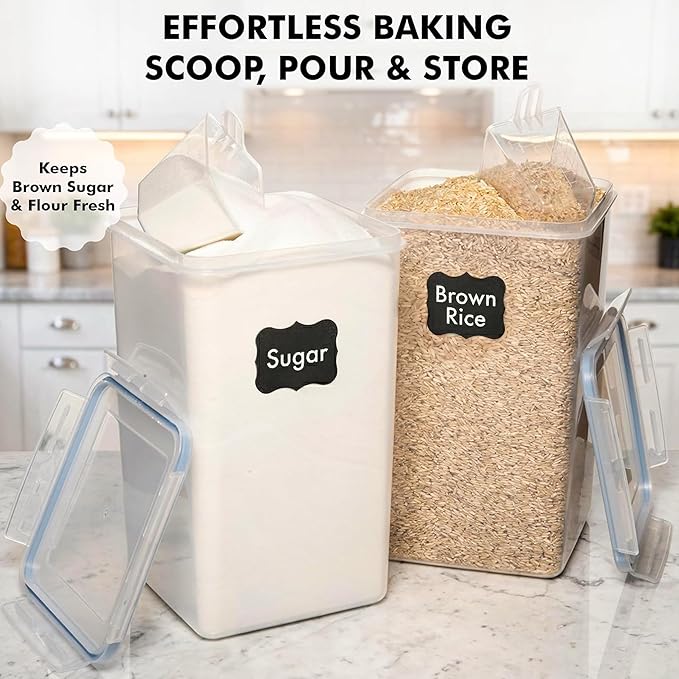 WHITE FEATHER SUPPLIES 2 PC [7 Qt / 6.5L / 220 Oz] Large Food Storage Containers with Lids Airtight - BPA Free Clear Plastic Kitchen and Pantry Storage Containers for Cereal, Flour, Sugar, Rice