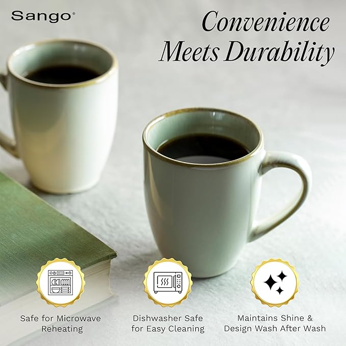 Sango Resona Moss Stoneware Heat Resistant Coffee Mugs, Microwave and Oven Safe, 12 oz, White, 4 Count