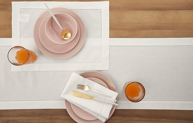 Solino Home White Table Runner 120 Inches Long - Cotton Linen Hemstitch 14 x 120 Inch Table Runner for Dining, Spring, Summer, 4th of July
