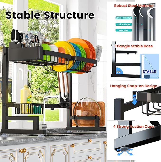 ADBIU 【Fit Sink 24.5"- 32" L 2023 Version Over Sink Dish Drying Rack (Expandable Dimension) Snap-On Design 2 Tier Large Kitchen Dish Rack Stainless Steel Counter Organization and Storage