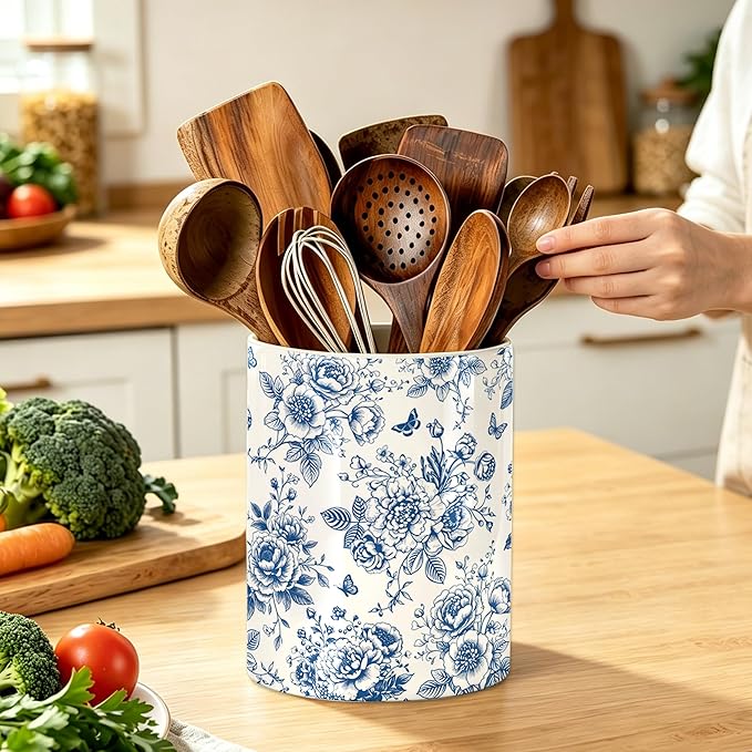 Chinoiserie Floral Utensil Holder, Ceramic Kitchen Utensil Holder, Utensil Crock for Home Kitchen Countertop Storage Organizer Container, Large Holder for Spatulas, Spoons, Kitchen Counter Decor, 6"