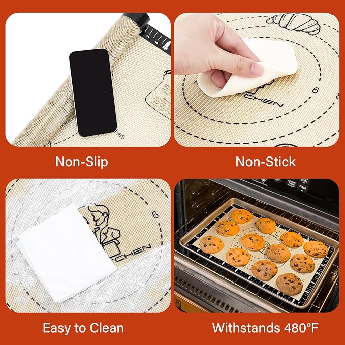 Silicone Macaron Baking Mat with Recipes, Silicone Mat for Baking Bread, Pizza, Extra Thick Silicone Baking Mat with Measurement, Non Stick Pastry Mat for Dough Rolling Out