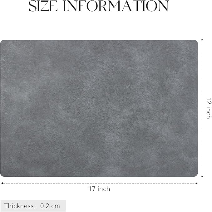 MOSAYT Vinyl Placemats Set of 8-12 X 17 Inch - Faux Leather 100% Waterproof Oil-Proof Wipeable PU Place Mats, Heat Resistant Reversible Table Mats for Kitchen, Dining, Outdoor, Grey