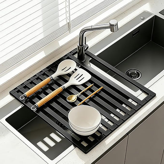 Foldable Over Sink Dish Drying Rack, Extra Wide & Thick Rust-Proof Aluminum Sink Cover for Counter Space, Collapsible Dish Drying Rack Fits Most Kitchen Sinks (Black, 17.7“x13.6)