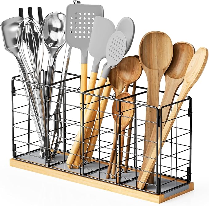 NiHome Large Black Metal Kitchen Utensil Organizer with 4 Compartments