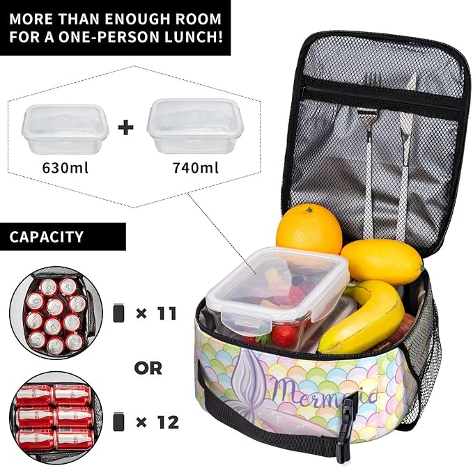 Mermaid Tail Colorful Galaxy Blue Insulated Lunch Bag Portable Reusable Zipper Lunch Box For Men Women Work Picnic Travel Camping