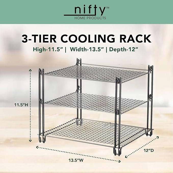 Nifty 3-Tier Cooling Rack – Non-Stick Coating, Wire Mesh Design, Dishwasher Safe, Collapsible Kitchen Countertop Organizer, Use for Baking Cookies, Cakes, Pies