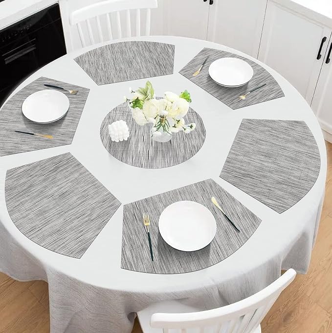 SHACOS Small Round Table Placemats Wedge Placemats with Centerpiece Round Placemat PVC Woven Table Mats Washable (7,Silver Grey)