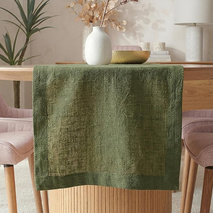 Solino Home Linen Desert Green Table Runner 36 Inches - 100% Pure Linen Small Table Runner 14 x 36 Inch Ideal for Dresser and Coffee Tables - Diana Medium Weight