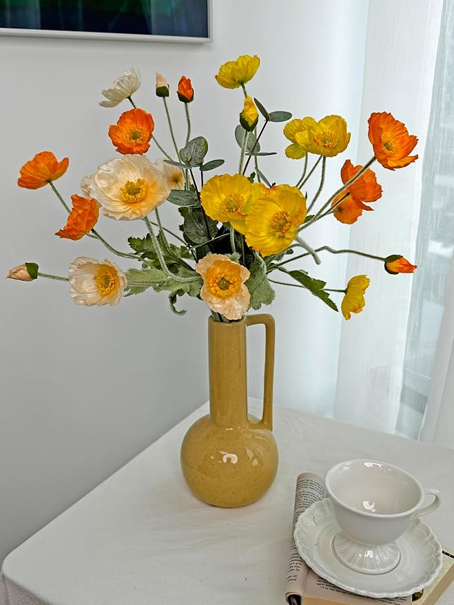 Poppy Artificial Flowers and Eucalyptus Stems, Fake Orange and Yellow Champagne Flowers, Silk Flowers Arrangement for Wedding Party Farmhouse Home Office Table Centerpieces Decoration