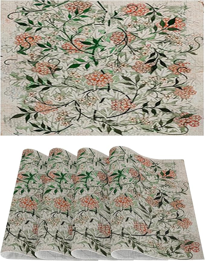 Boho Botanical Placemats Set of 4 Vintage William Morris Washable Heat Resistant Place Mats for Dining Table Rustic Nature Cottagecore Linen Woven Wipeable Kitchen Table Mats 11.8"X17.7"