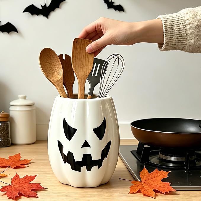 pinata Halloween Kitchen Decor Ceramic White Pumpkin Utensil Holder, Cute Halloween Utensils Holder, Ceramic Utensils Crock for Rustic Farmhouse Indoor Kitchen Decorations(6.3 Inches)