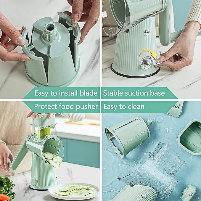 Rotary Cheese Grater with Handle: 5 in 1 Cheese Grater Hand Crank Cheese Shredder with Strong Suction Base Kitchen Vegetable Slicer with 5 Interchangeable Blades, Storage Box, Green