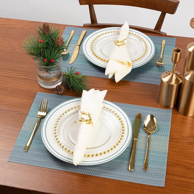 Winknowl Placemats Set of 4, Washable Vinyl Woven Placemats, Heat Resistant & Wipeable Table Mats for Kitchen Dining Table (Blue)
