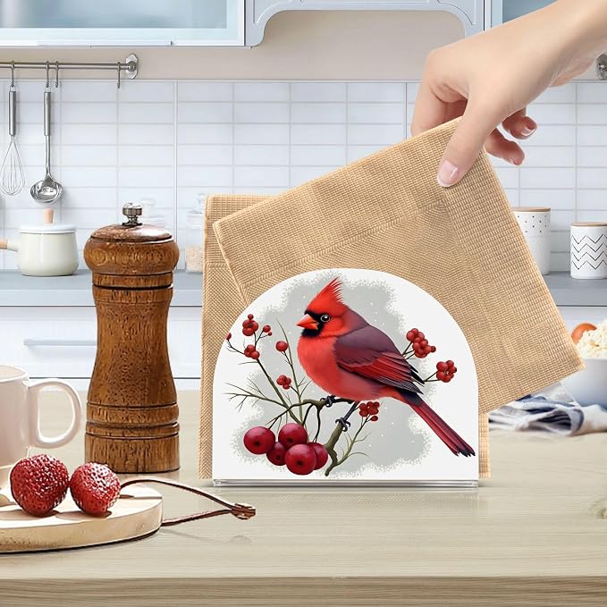 Winter Red Bird Napkin Holder for Tables Paper Cocktail Napkin Holders for Kitchen and Dinning, Acrylic Dinner Napkin Dispenser for Restaurant Home Decor Bar Accessories 1 Pack