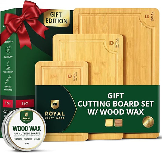 ROYAL CRAFT WOOD Wooden Cutting Boards for Kitchen Meal Prep & Serving - Bamboo Wood Serving Board Set with Deep Juice Groove Side Handles - Charcuterie & Chopping Butcher Block for Meat