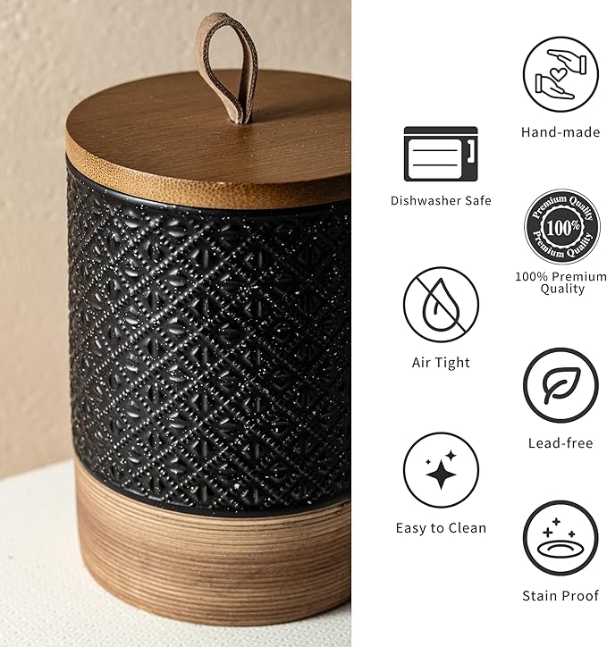Miamolo Large Jar with Lid, Ceramic Coffee Container with Airtight Lids, Food Storage Containers, Kitchen Canisters for Countertop Coffee Bar Accessories Wedding Gift - Black & 64 fl.oz