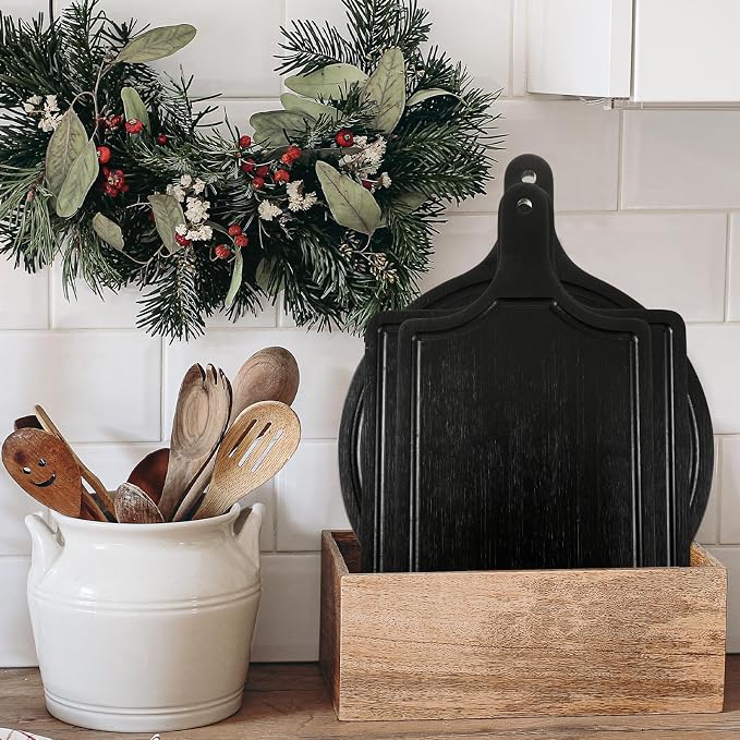 Geetery 3 Packs 12 Inch Black Wood Chopping Boards with Handle and Deep Juice Groove Small Bamboo Wooden Pizza Paddle Serving Boards Tray Charcuterie Plank Chopping for Cheese Steak Bread