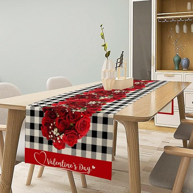 Rose Table Runner, Vintage Rustic Plaid Abstract Red Rose Flower Plant Plant Table Decor Table Top Dining Kitchen Wedding Party 13x36 Inch