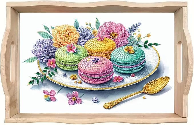 DIY Diamond Serving Tray Rectangular Wooden Breakfast Tray with Handle Handmade Diamond Art Painting Spring Creative Dinner Plate Coffee Room Living Home Organizer-Macarons