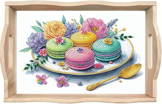 DIY Diamond Serving Tray Rectangular Wooden Breakfast Tray with Handle Handmade Diamond Art Painting Spring Creative Dinner Plate Coffee Room Living Home Organizer-Macarons