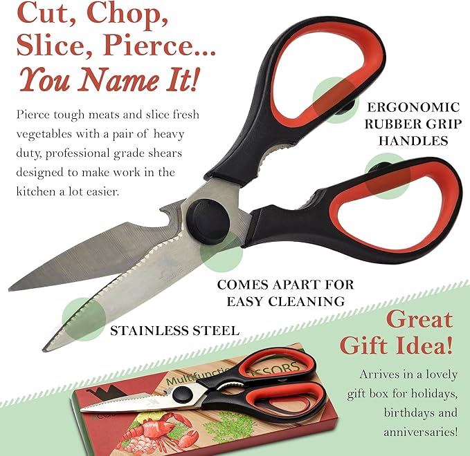 Heavy Duty Kitchen Shears -Take Apart Stainless Steel Blades, Comfort Rubber Grip Handles with Bottle Opener and Nutcracker - Multipurpose Scissors for Chicken, Meat Fish and Herbs - Acodine