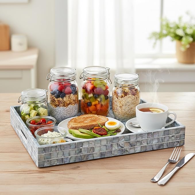 PEMAR Rectangular Mother of Pearl Serving Tray Nacre Wood Lap Ottoman Tray for Coffee Table, Luxury Decorative Handmade Eating Platters w Insert Handles (Blue)