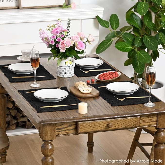Artoid Mode Black Farmhouse Woven Rustic Hollow Placemats Set of 6,12x18 Inch Seasonal Holiday Table Mats Party Kitchen Dining Decoration