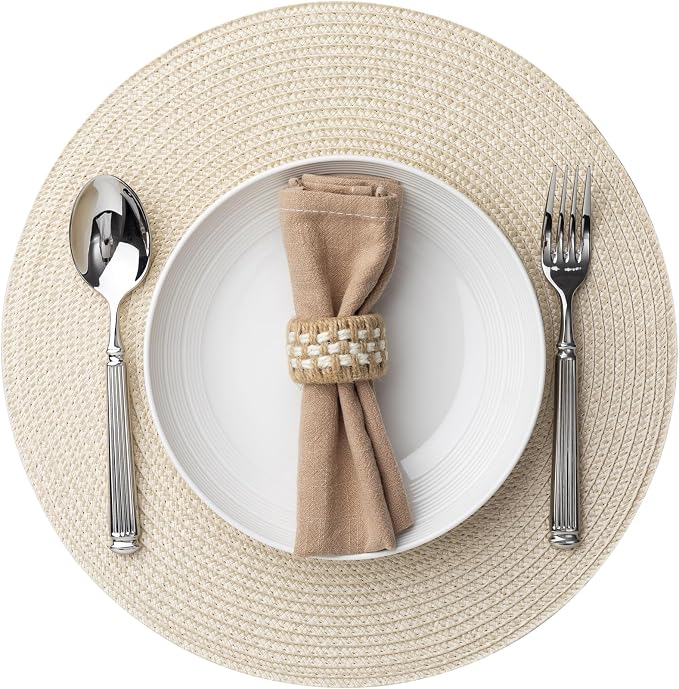 Baroyal Round Placemats Set of 4 Plastic Woven Placemats Washable Wipeable Table Mats for Dining Table Heat Resistant Non-Slip Circle Place Mats（Beige