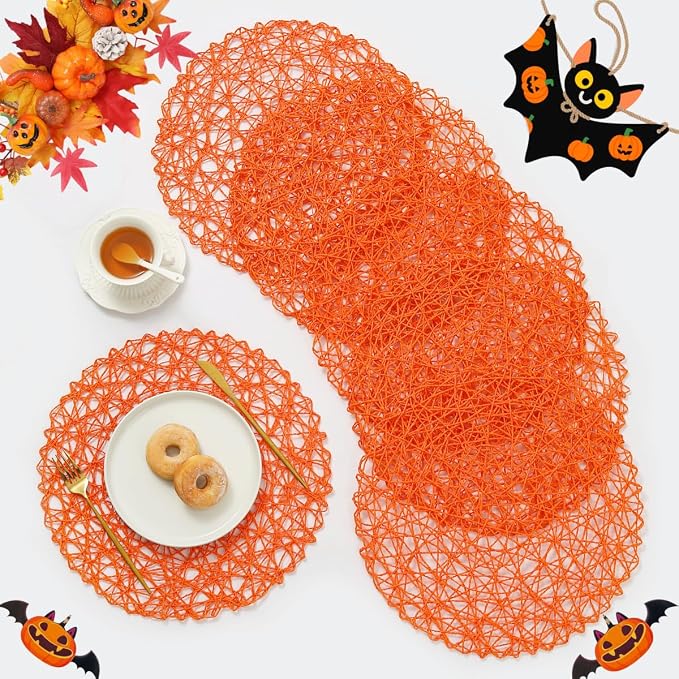 IcosaMroTangerine Round Placemats Set of 6 for Dining Table, 15 Inch Paper Woven Boho Decorative Circle Place Mat for Wedding Christmas Thanksgiving Day Holiday Dinner, Tangerine