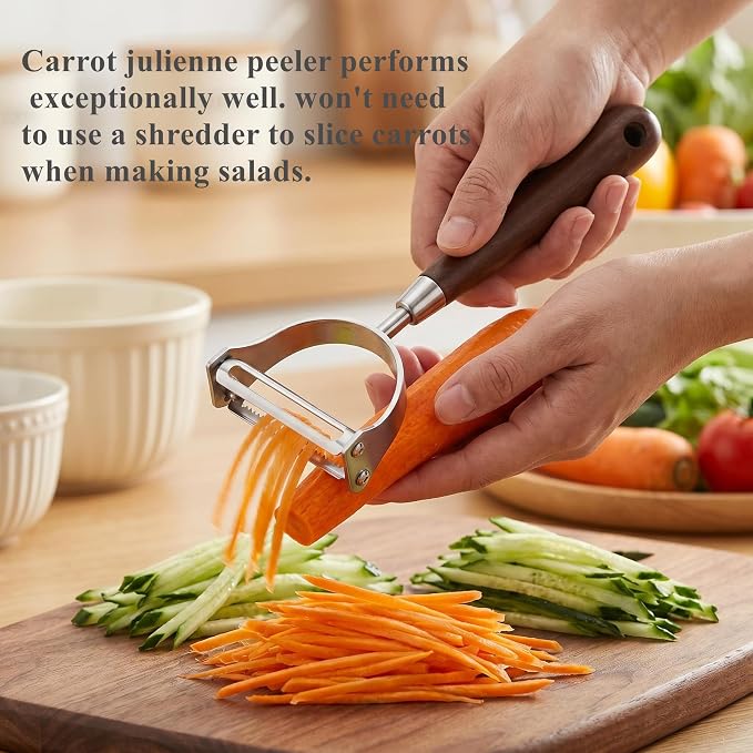 Aniso 2-in-1 Stainless Steel Vegetable Peeler and Julienne | Cutter with Ergonomic Non-Slip Wooden Handle for Potatoes, Apples, Carrots, veggie, Essential Kitchen Tool