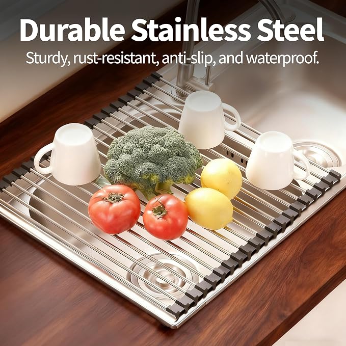 Roll Up Dish Drying Rack for Over Sink -17.5"x11.8" Foldable Stainless Steel Kitchen Drainer, Black