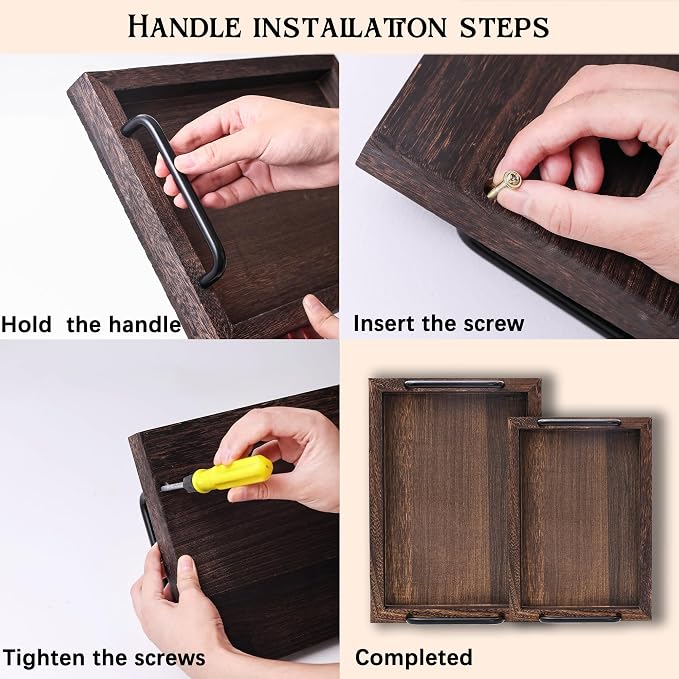 Lightweight Wood Serving Trays with Metal Handles, Set of 2 Nesting Wooden Ottoman Tray for Living Room, Farmhouse Wooden Trays for Decor, Breakfast, Dinner, Drinks, Coffee Table Tray, Brown