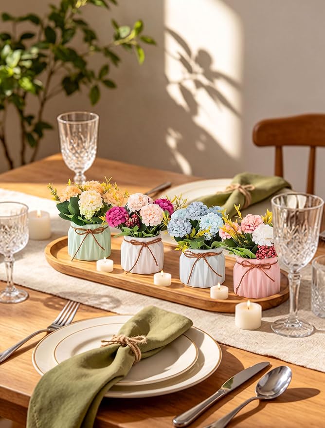 BLOSMON Fake Flowers in Vase for Centerpieces: 4 PCS 5.9 Inch Small Artificial Hydrangea with Vase Table Decor - Faux Floral Arrangements Desk Home Party Bathroom Office Decorations