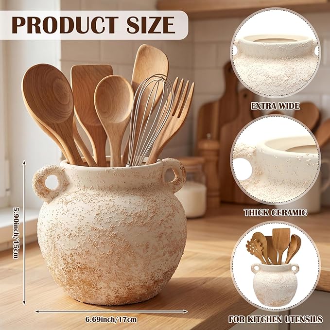 Qinyoung Rustic Kitchen Utensil Holder 6 Inch Small Ceramic Utensil Holder with Handle Vintage Crock Decoration Spatula Organizer for Kitchen Countertop Farmhouse Party Supplies (White,Elegant)