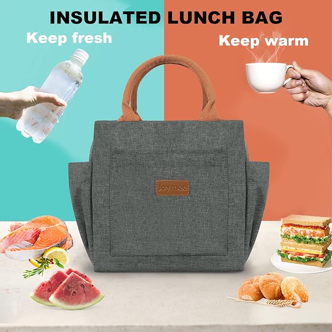 Joymee Insulated Lunch Bag For Women Reusable - Charcoal Gray | Spacious Storage, Bottle Holder & Pockets, Leakproof Insulated, for Work, Travel, Picnic, Daily Use, for Adult