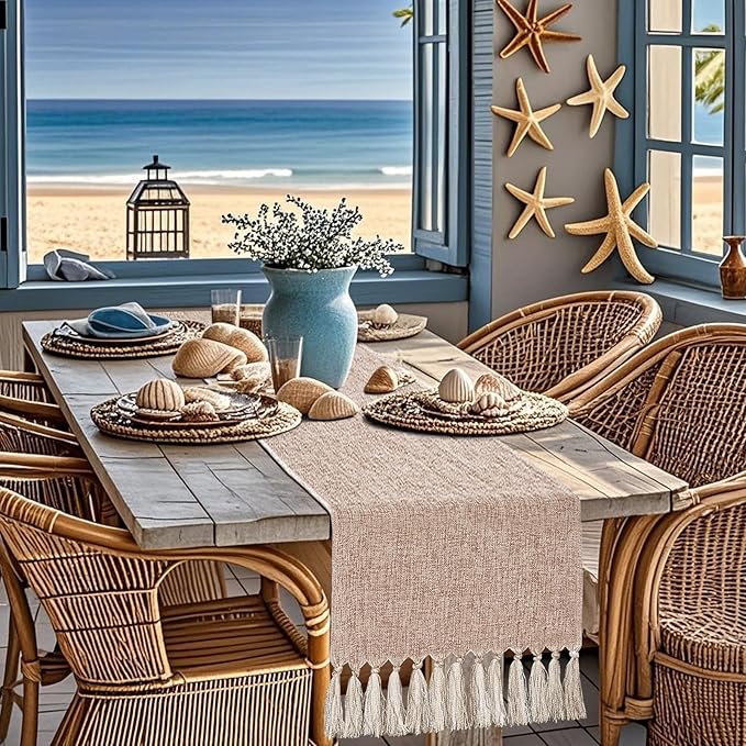 yuboo Boho Table Runner 48 Inches - Neutral Coffee Table Runner for Living Room, Spring Mother‘s Day Decor, Small Round Dining Table, Dresser Scarves (55" with Tassels)