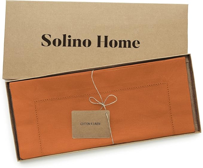 Solino Home Cotton Linen Table Runner 60 Inches - Pumpkin Hemstitch Table Runner 14 x 60 Inch Ideal for Dresser and Coffee Tables
